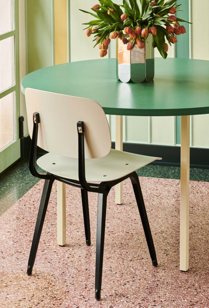 HAY Revolt-rice-seat-and-back-black-steel-base_Two-Colour-green-mint-tabletop-ivory-powder-coated-steel-legs_Arcs-Vase